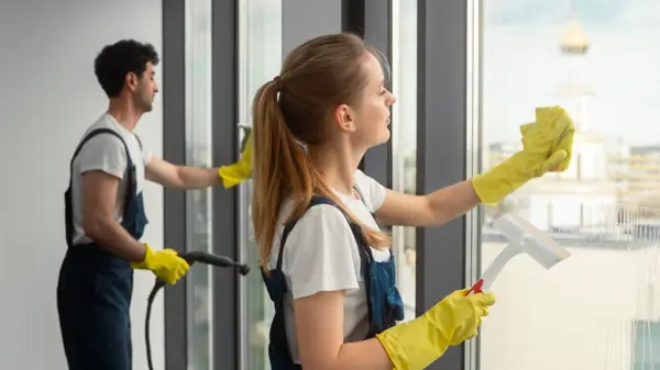 Equipe d'agent d'entretien nettoyant l'intérieur des vitres d'un immeuble